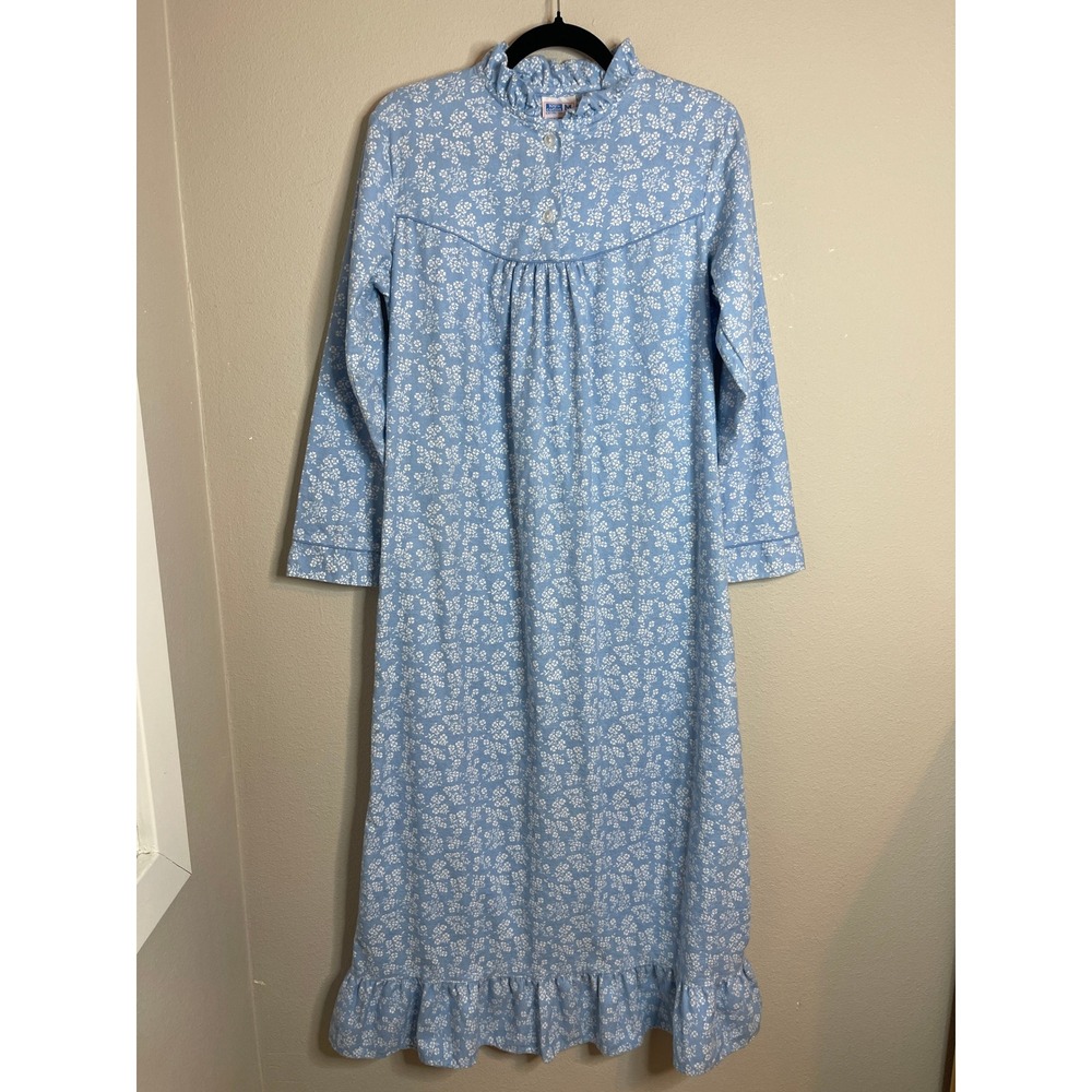 Vintage Garnet Hill Nightgown Blue 100% Cotton Floral Ruffle Long Sleeve Medium